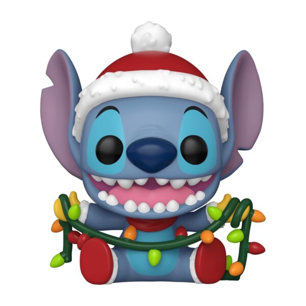 Stitch sitting with santa hat and christmas lights